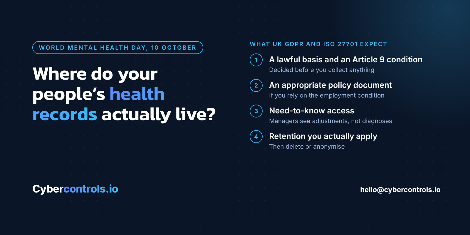 Where do your people's health records actually live? Four things UK GDPR and ISO 27701 expect: a lawful basis and an Article 9 condition, an appropriate policy document, need-to-know access, and retention you actually apply.